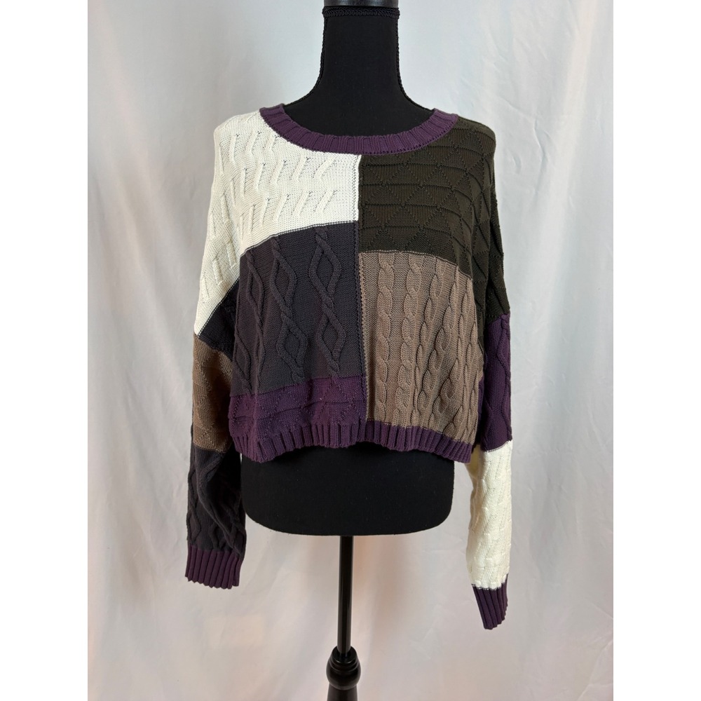 Patchwork Cable Knit Cropped Sweater Purple Brown Cream Colorblock Mixed Pattern